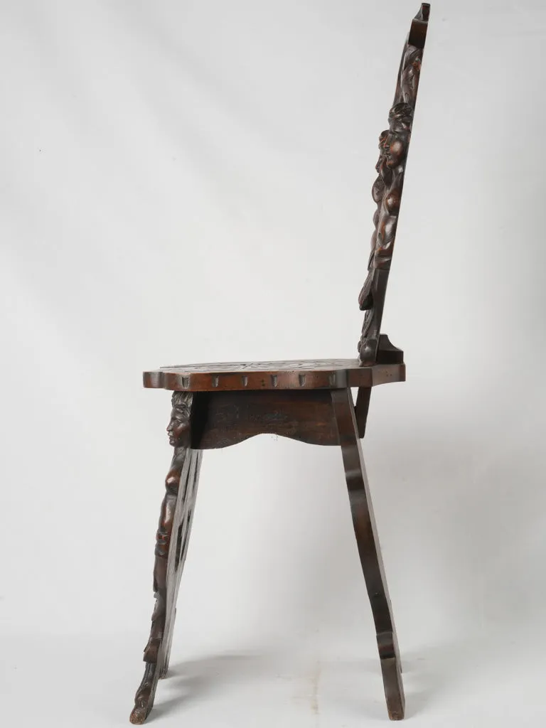 19th-century Italian Carved Walnut Sgabello Hallway Chair