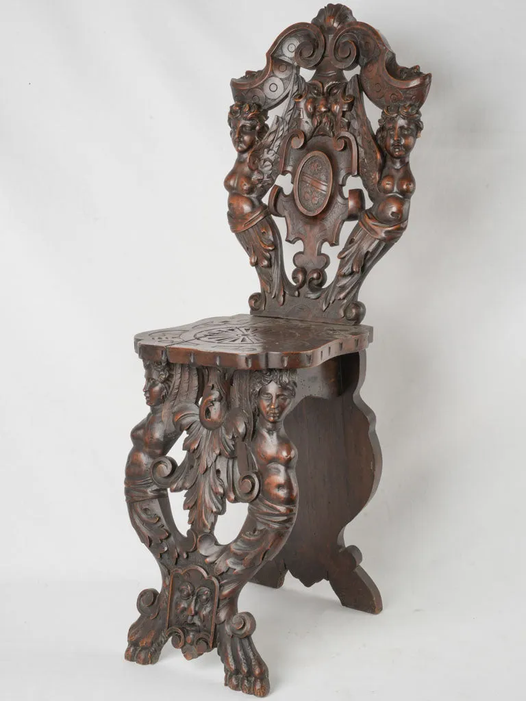 19th-century Italian Carved Walnut Sgabello Hallway Chair