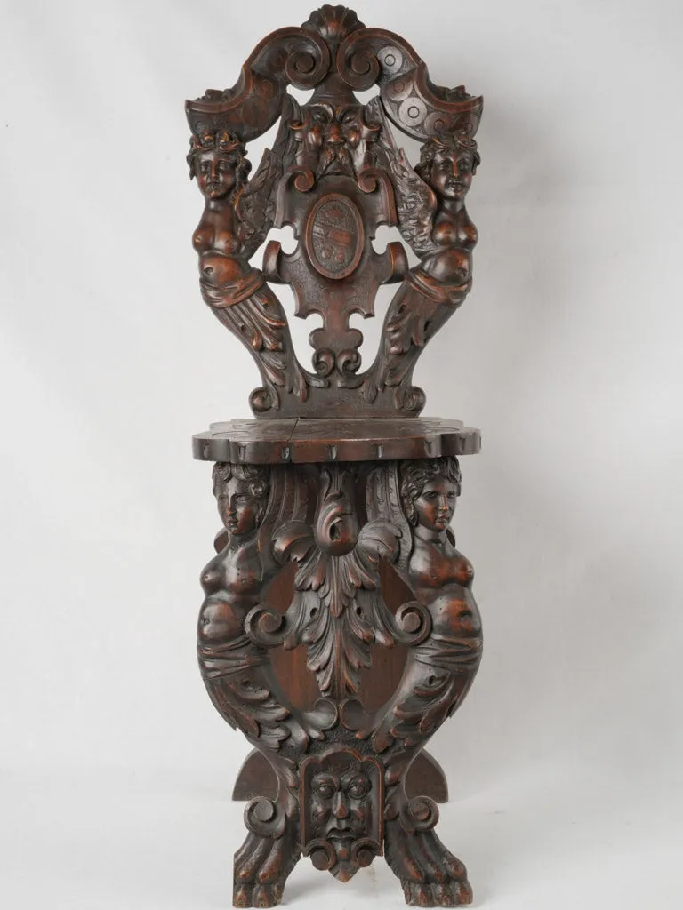 19th-century Italian Carved Walnut Sgabello Hallway Chair