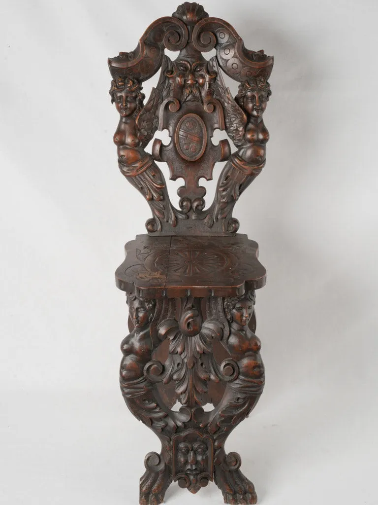 19th-century Italian Carved Walnut Sgabello Hallway Chair