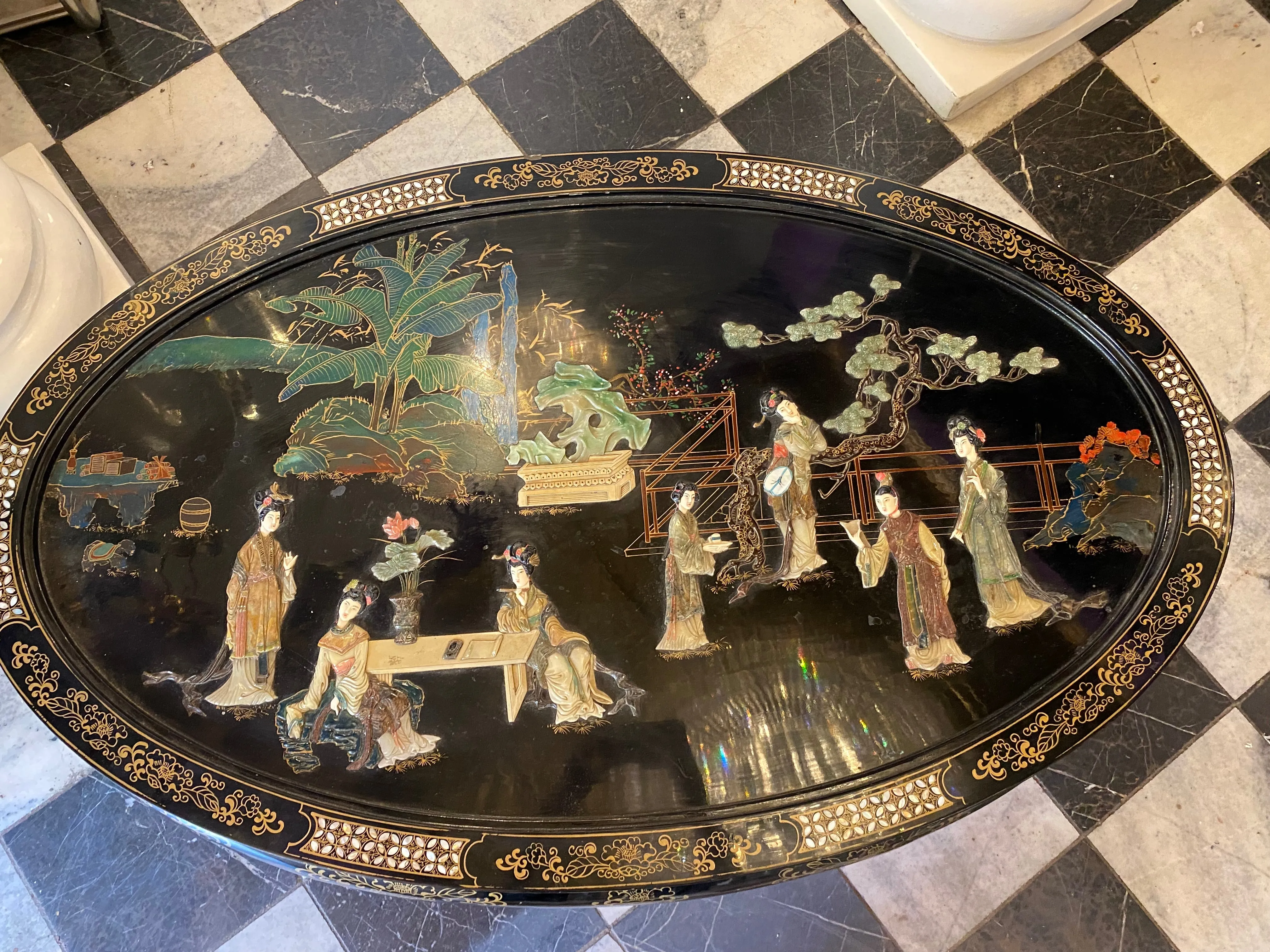 Japanese Hand Painted Coffee Table with Mother of Pearl Inlay