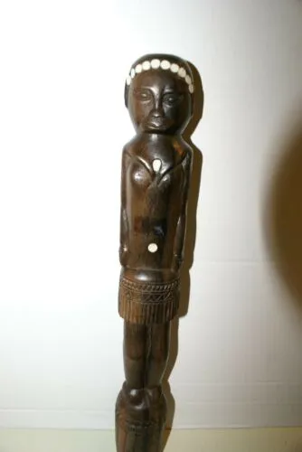 Primitive South Pacific Art Ebony Pearl Sculpture Effigy Staff Totem Hand carved