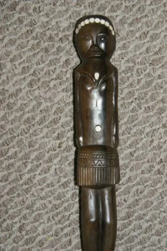 Primitive South Pacific Art Ebony Pearl Sculpture Effigy Staff Totem Hand carved