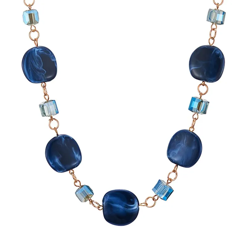 Rose Gold Chain Choker Collar Necklace Blue Cube Crystal Beads Blue Resin Gem Stone Circle Pendant