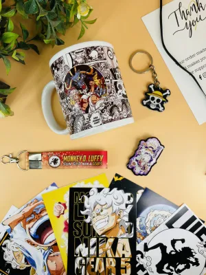 Since 7 Store One Piece Gear 5 Luffy Gift Box Includes 5 Products: Mug,Keychain,Key-Tag,9 Mini Posters (Self Adhesive),And Shape Cut Badge - The Ultimate Fan Collection. 350Ml Ceramic Mug - Multicolor