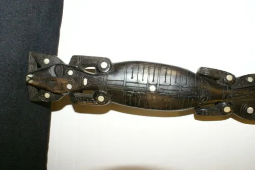 South Pacific Art hand carved Ebony Crocodile Alligator Effigy Mother Pearl 1A23