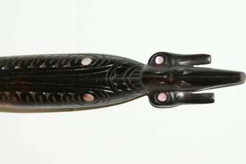 South Pacific Rare Ebony Art Mother Pearl Salty Crocodile gator Hand Carved 46